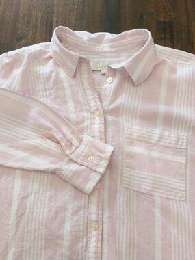 Loft Button Linen Blend Shirt Womens M Pink White Stripe Button Down Long Sleeve